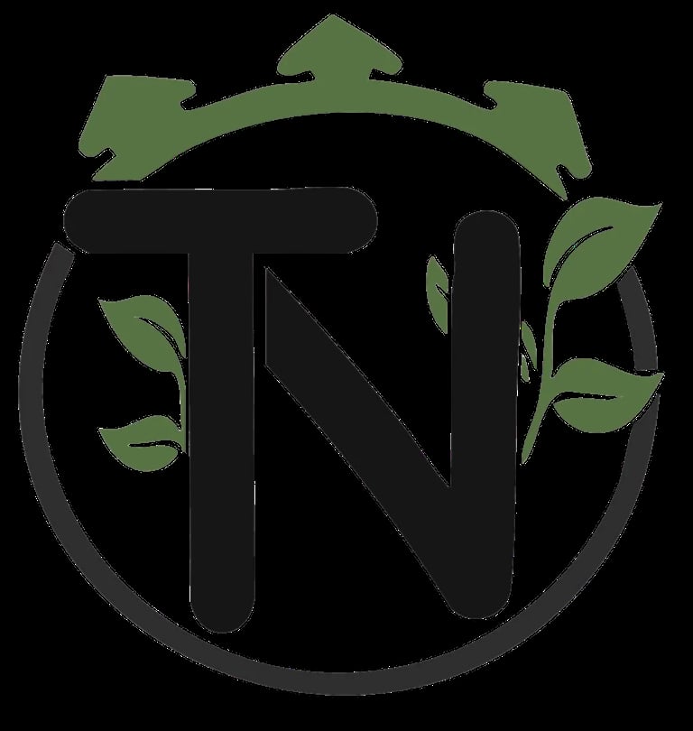 Green leaf logo with arrows and letter N in circular design representing nature or growth