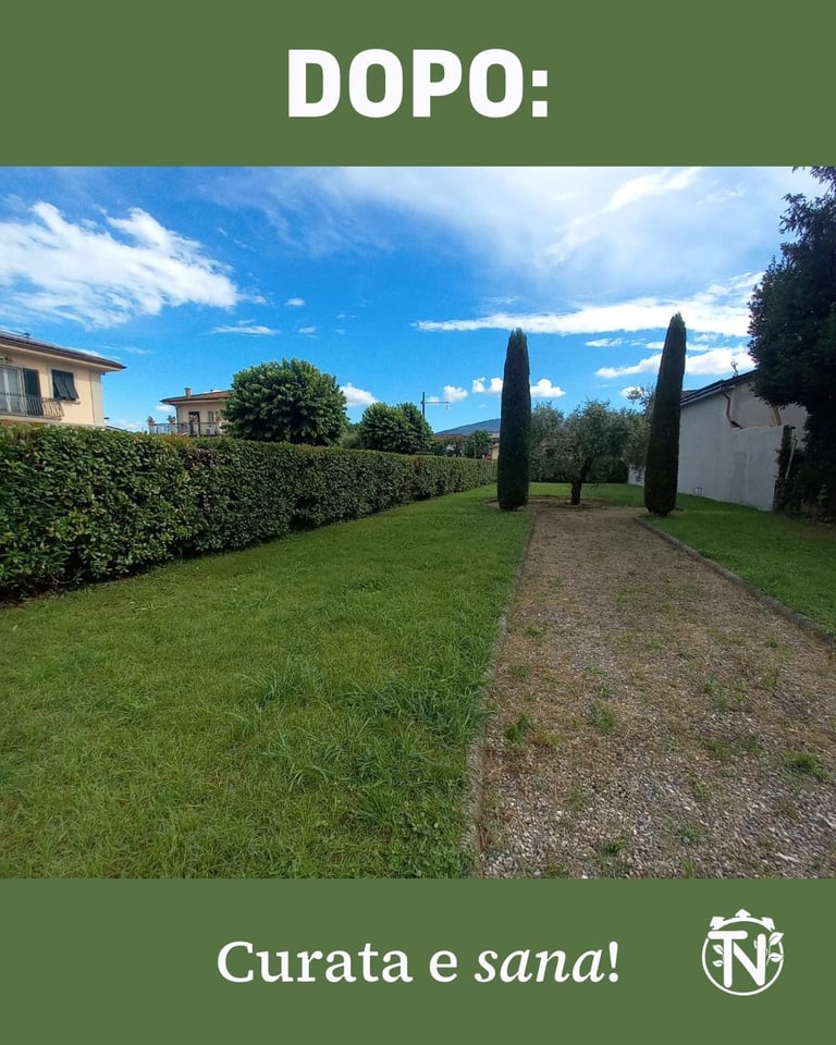 Italian garden pathway with manicured lawn, green hedges, cypress trees, and countryside villa under blue sky with text DOPO and Curata e sana